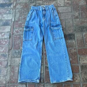 Zara Cargo Jeans Blue Size 6 Wide Leg High Waisted